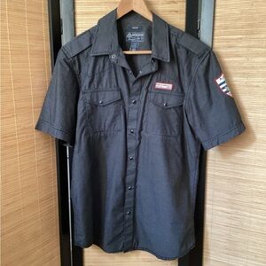 ♦️ American Rag casual button down shirt Sz M black short sleeve 2 pockets snaps